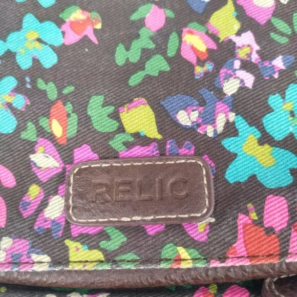 Relic Crossbody Purse Canvas & Faux Leather Trim Brown Floral & Stripes Small - Picture 4 of 15